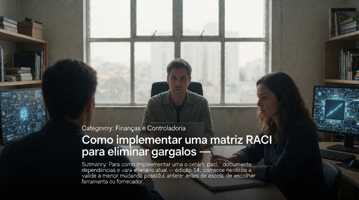 Capa editorial local sobre finanças e controladoria; tema: Como implementar uma matriz RACI para eliminar gargalos — Edição 14