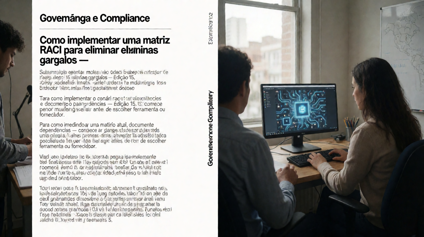 Capa editorial local sobre governança e compliance; tema: Como implementar uma matriz RACI para eliminar gargalos — Edição 15
