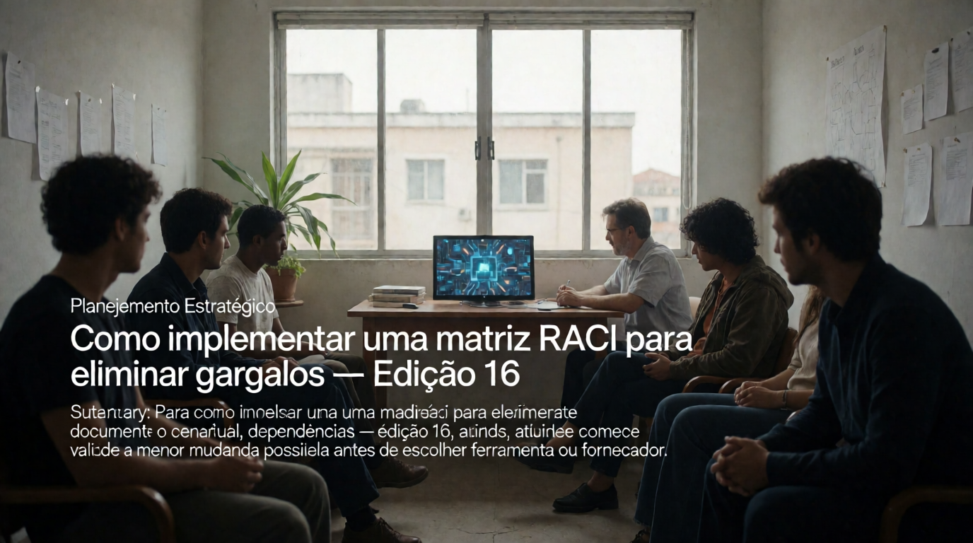 Capa editorial local sobre planejamento estratégico; tema: Como implementar uma matriz RACI para eliminar gargalos — Edição 16