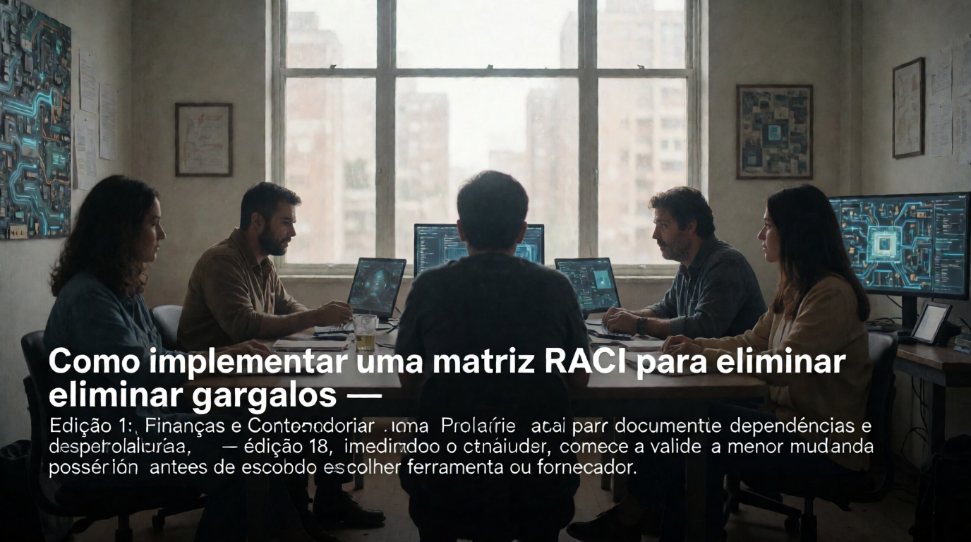 Capa editorial local sobre finanças e controladoria; tema: Como implementar uma matriz RACI para eliminar gargalos — Edição 18