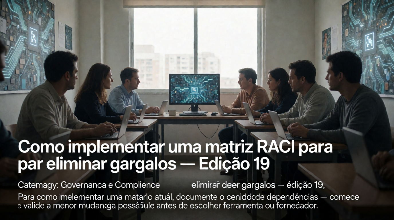 Capa editorial local sobre governança e compliance; tema: Como implementar uma matriz RACI para eliminar gargalos — Edição 19