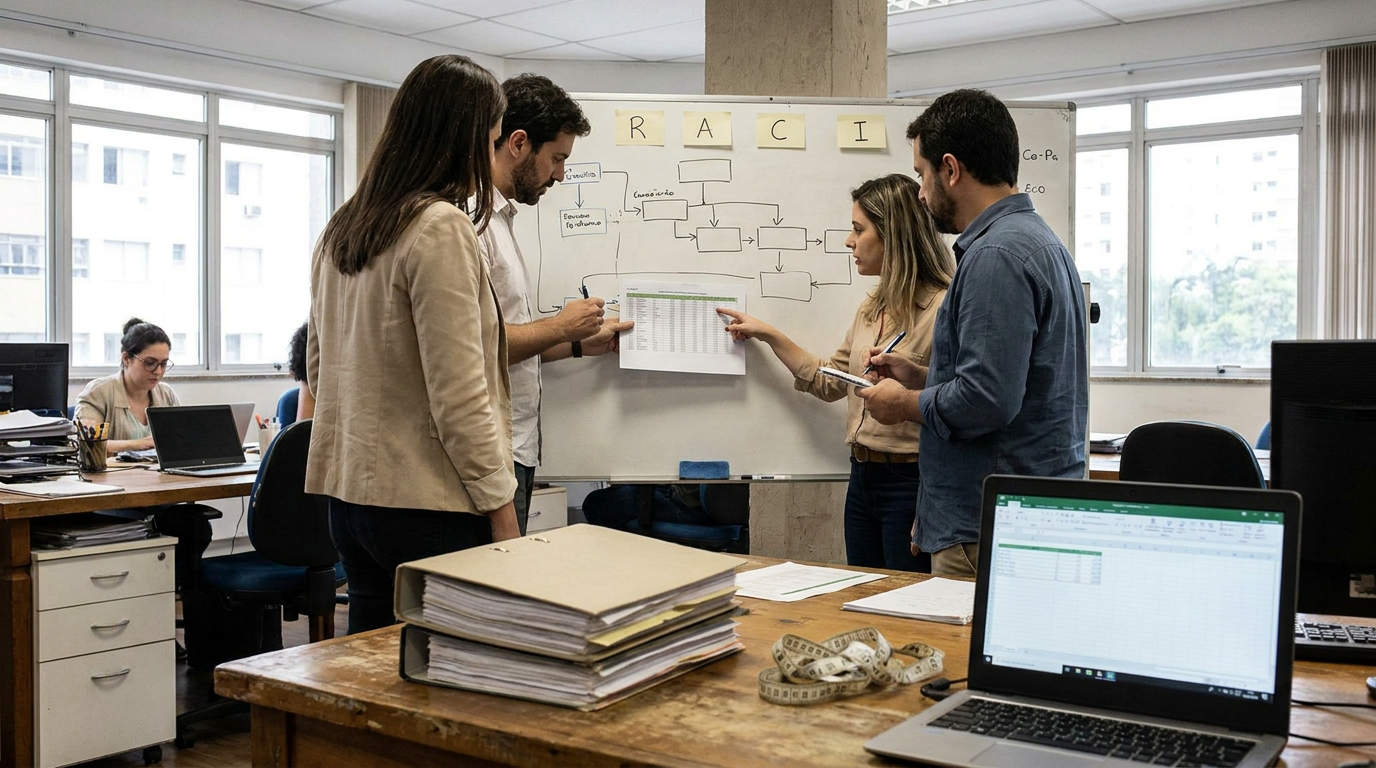 Capa editorial local sobre governança e compliance; tema: Como implementar uma matriz RACI para eliminar gargalos — Edição 7
