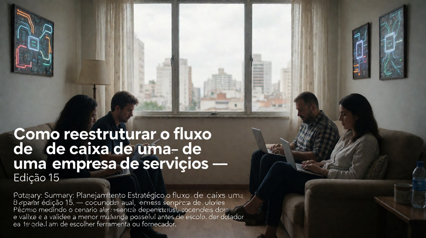 Capa editorial local sobre planejamento estratégico; tema: Como reestruturar o fluxo de caixa de uma empresa de serviços — Edição 15