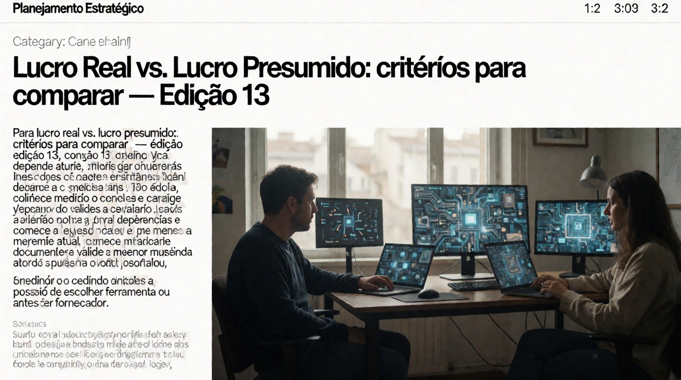 Capa editorial local sobre planejamento estratégico; tema: Lucro Real vs. Lucro Presumido: critérios para comparar — Edição 13