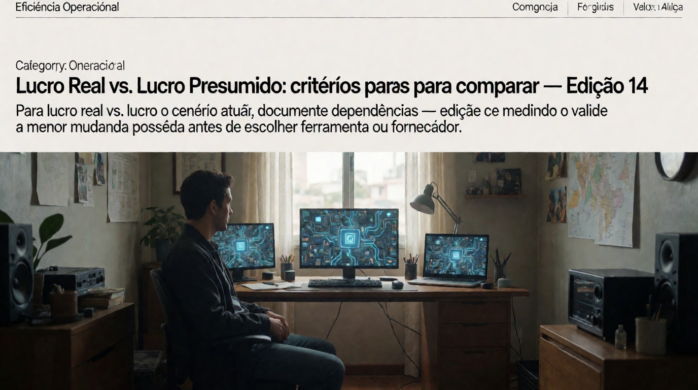 Capa editorial local sobre eficiência operacional; tema: Lucro Real vs. Lucro Presumido: critérios para comparar — Edição 14