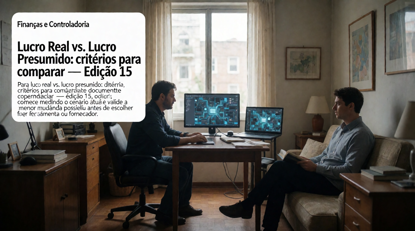 Capa editorial local sobre finanças e controladoria; tema: Lucro Real vs. Lucro Presumido: critérios para comparar — Edição 15