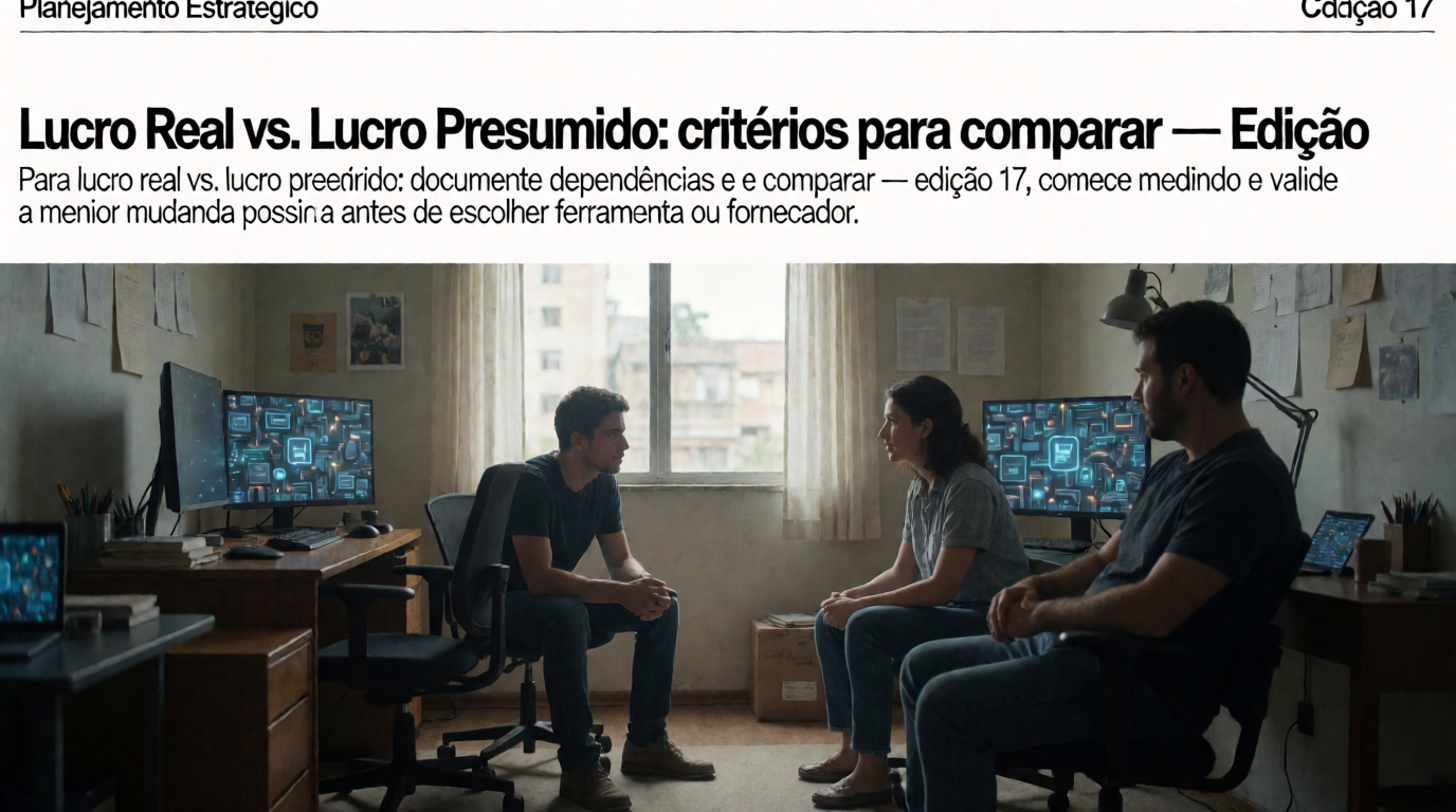 Capa editorial local sobre planejamento estratégico; tema: Lucro Real vs. Lucro Presumido: critérios para comparar — Edição 17