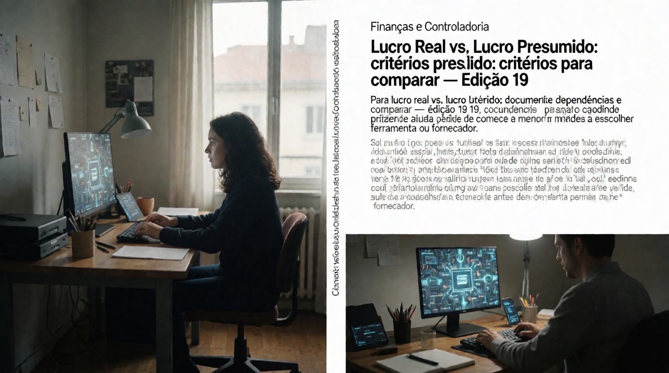 Capa editorial local sobre finanças e controladoria; tema: Lucro Real vs. Lucro Presumido: critérios para comparar — Edição 19